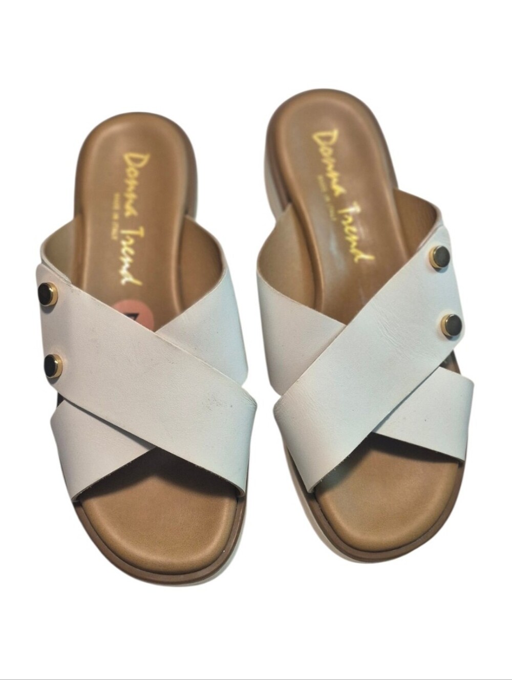 White Crisscross Slide Sandals with Gold Studs